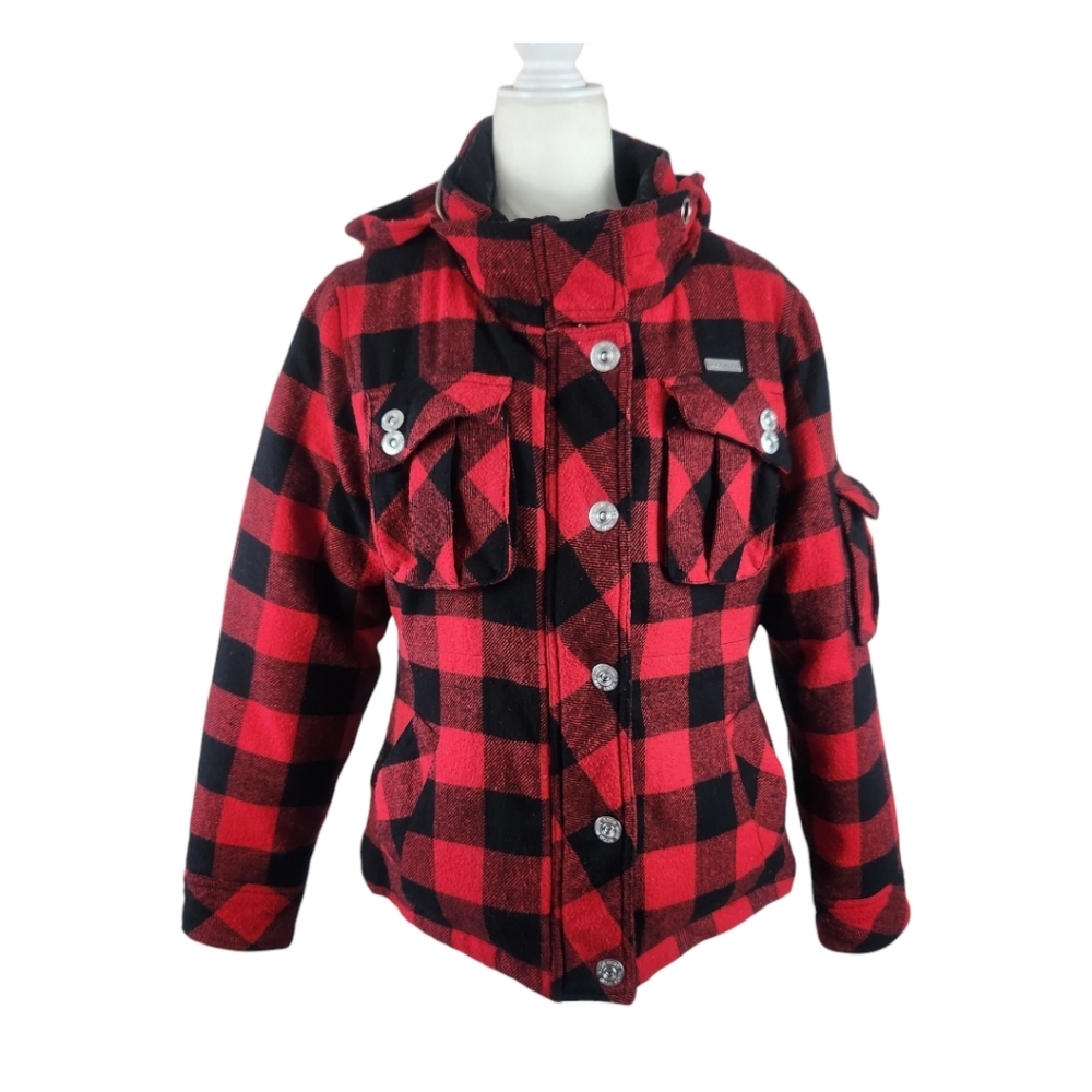 Y2K Rocawear Buffalo Plaid Hooded Puffer Jacket Large Wool Blend Red Black Cabin